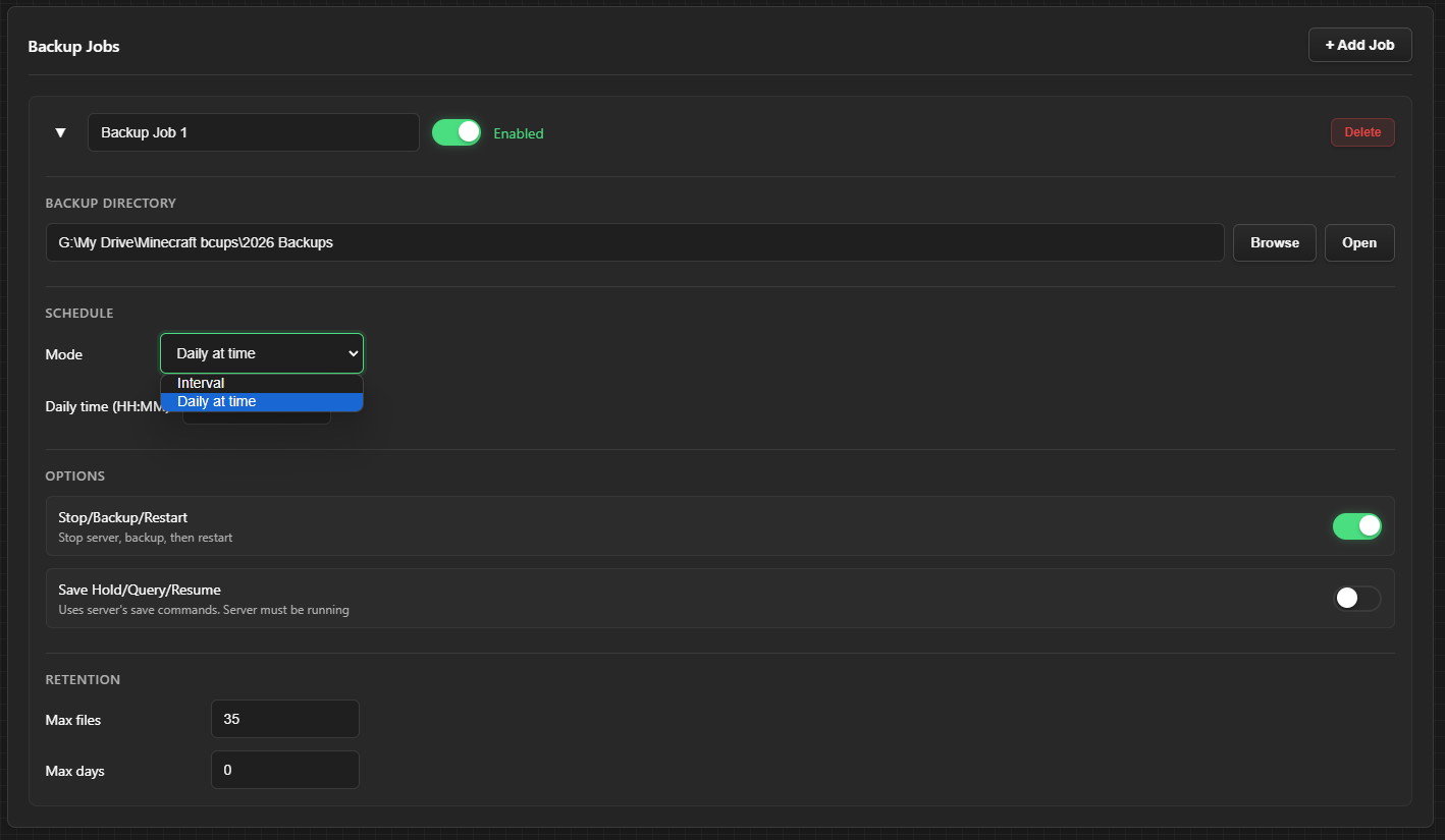 Backup job configuration showing backup methods and settings