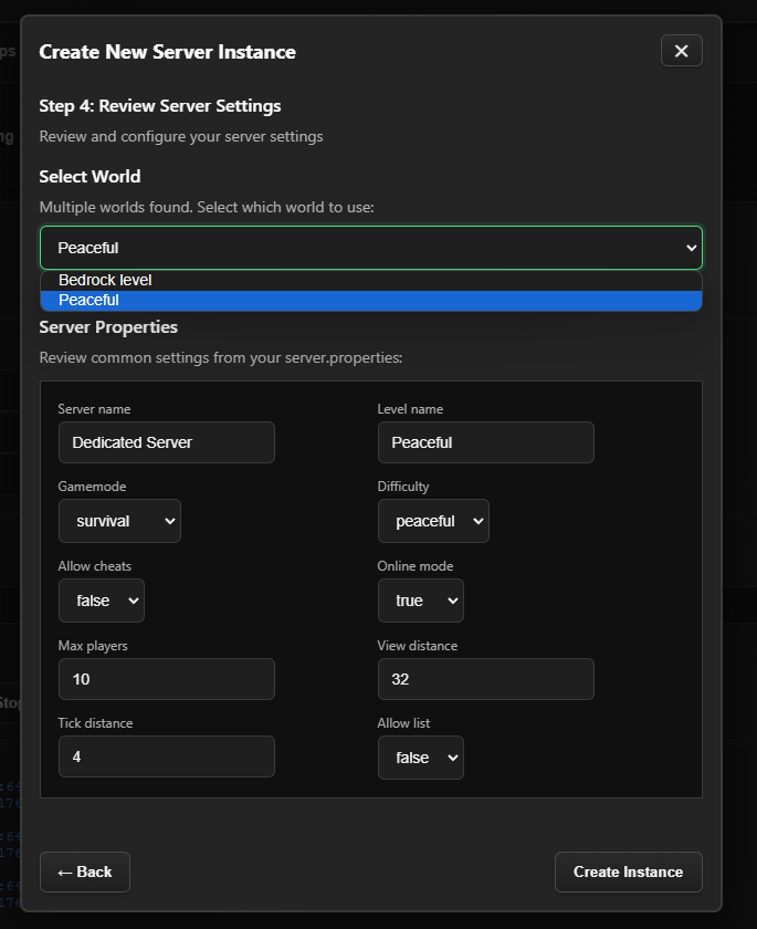 Instance creation wizard showing world and server properties configuration