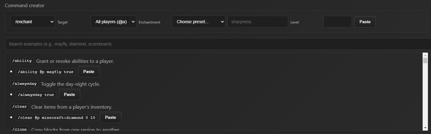 Command builder interface showing parameter suggestions