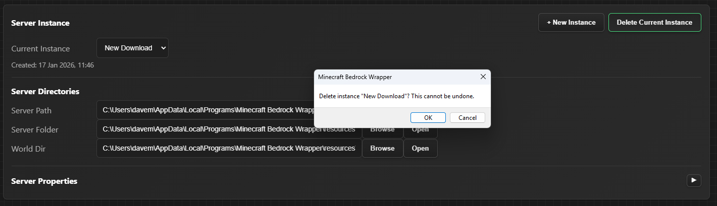 Instance management interface showing delete instance option
