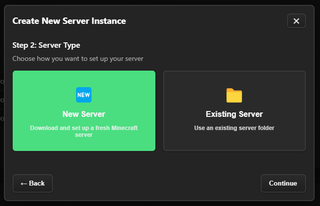 New instance creation showing new server setup option